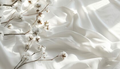 Delicate Cotton Stems Resting on Soft, White Fabric in Morning Light