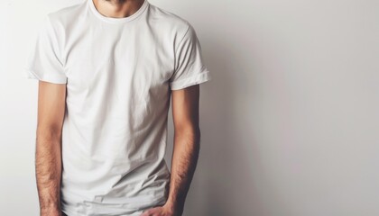 Young Man Wearing Plain White T-Shirt Posing Against Neutral Background in Studio Setting