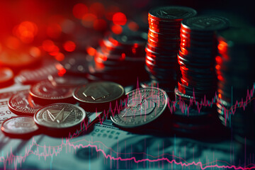 Disorganized banknotes and coins displaying money fluctuation