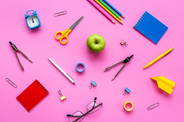 Creative pattern of school supplies and stationery, top view