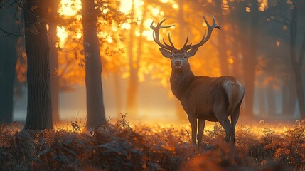 Graceful deer standing in a misty forest clearing at dawn © Namwan