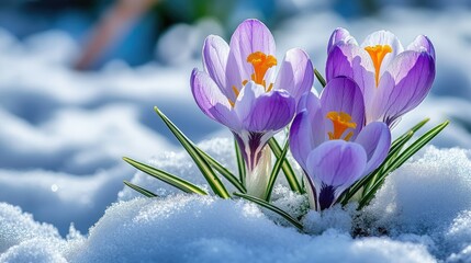 Beautiful crocuses emerging through the snow, captured in a close-up to highlight their resilience and color.