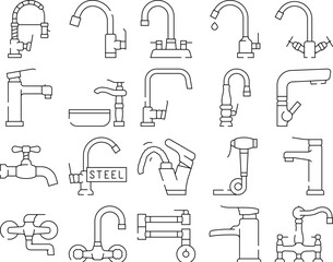 faucet water sink tap bathroom icons set vector. clean home, modern interior, white drop, wash, plumbing metal, hous pipe faucet water sink tap bathroom black contour illustrations