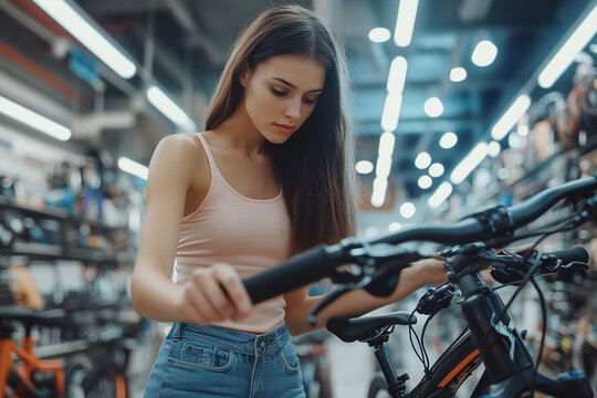 woman in a shop.Female shopper in jeans carefully inspecting mountain bicycle handlebars and controls in store, showing curiosity and determination in choosing right bike.