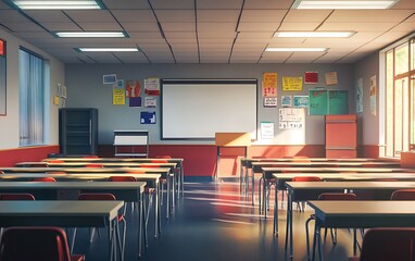 American High School Classroom: Modern Desks, Whiteboard, and Bright Fluorescent Lighting
