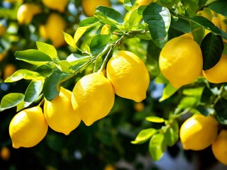 Great yellow lemon on the green tree hanging beneath the fresh water.ai generated.