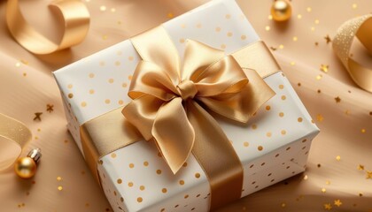 Beautifully Wrapped Gift With Gold Bow on Sparkling Background During Holiday Celebration