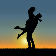 Man lifting woman on grass field romantic pose at sunset in nature silhouette.