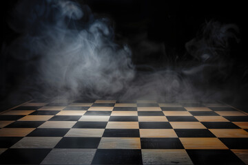 empty chess board with smoke float up on dark background