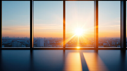 Fototapeta premium Stunning sunrise view from a modern window, casting warm light across a city skyline, creating a peaceful and inspiring atmosphere.
