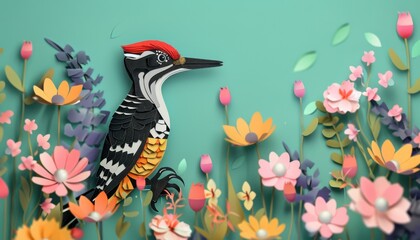 Colorful Woodpecker Amidst Vibrantly Crafted Paper Flowers in Green Habitat