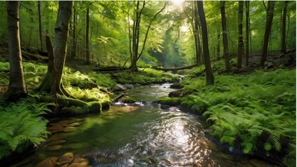 Forest stream surrounded by lush greenery