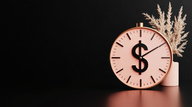 Pink clock with dollar sign on black background, next to dried flowers in vase. Concept of time money, finance, and investment.