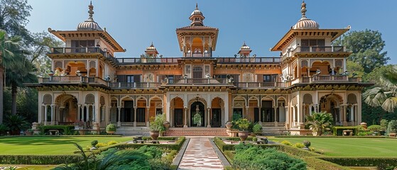 Obraz premium A large building with a courtyard and a garden