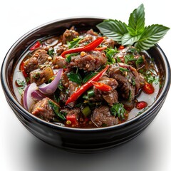 Closeup of Delicious Laab Moo Dish on White Background