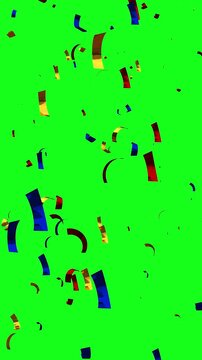 Multicolored confetti rain on chroma key or green screen, vertical animation 3d	
