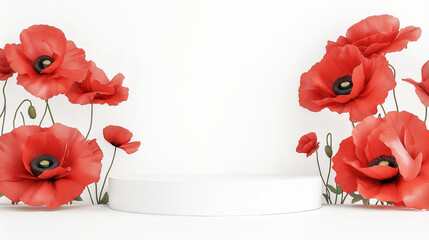 Empty white product display podium surrounded by red poppy flowers against wall