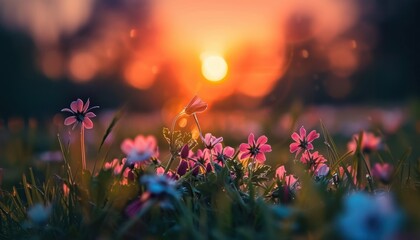 Vibrant Wildflowers Blooming in a Field During a Stunning Sunset in Spring