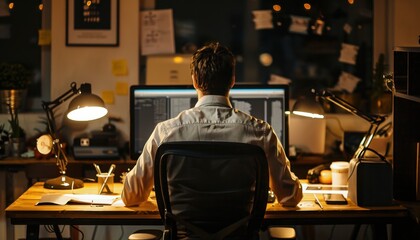 Focused Individual Working Late at a Desk Surrounded by Warm Lighting