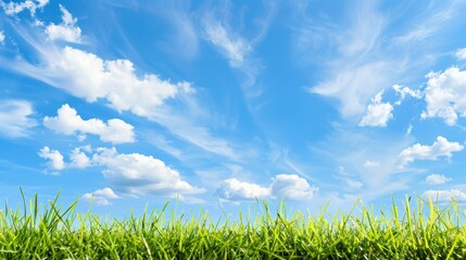 Fototapeta premium Peaceful Blue Sky with Lush Green Grass Creating a Serene and Inviting Natural Background for Outdoor Activities