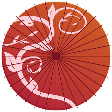 Red japanese parasol with a floral design on a white background