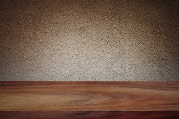 wooden floor terrace or plank desk with Cement wall wall background, copy space for display of product or object presentation
