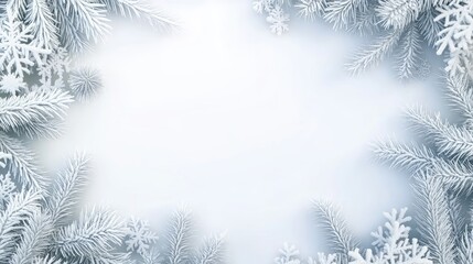 Frost-laden pine fronds encircle a soft, blue backdrop, enhancing the serene beauty of a winter morning filled with delicate ice patterns