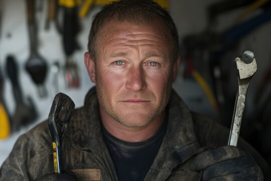 A hardworking mechanic in a dusty workshop holds two wrenches, showcasing his confidence, readiness, and expertise in handling complex technical repairs and machinery.