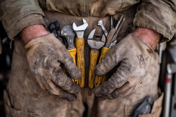 A pair of gloved hands grasps several tools, including pliers and wrenches, essential for mechanical and repair work, depicting the rugged and skillful nature of the profession.