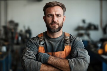 Obraz premium A bearded man in work overalls stands confidently with crossed arms in a workshop, representing dedication and strength in manual labor and craftsmanship.