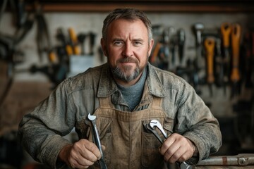 A seasoned handyman stands with wrenches in a well-equipped workshop filled with various tools, highlighting readiness for repair tasks, skill, and a dedication to craftsmanship.