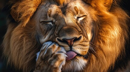 Naklejka premium A top view of a lion licking its paw, grooming itself with a serene expression