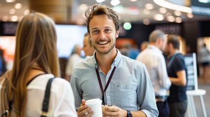 Happy male entrepreneur discussing with delegates while having coffee at convention center  © Dao