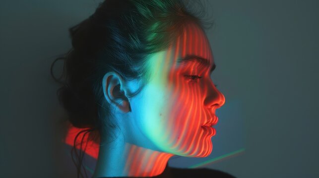 a woman with her eyes closed and a colorful light behind her