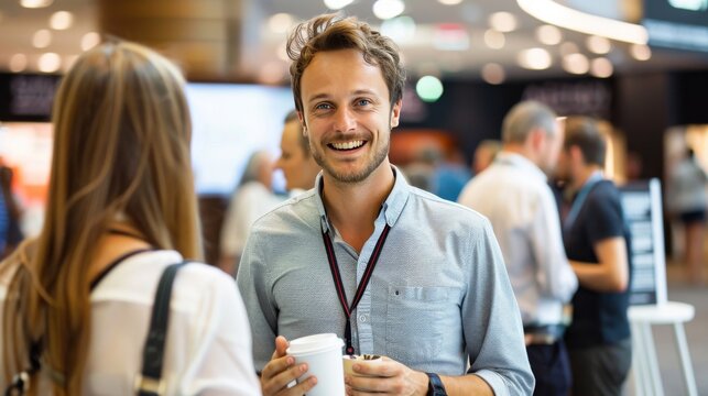Happy male entrepreneur discussing with delegates while having coffee at convention center 