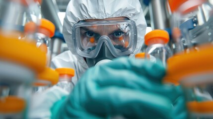 A worker in a hazmat suit, conducting maintenance on a chemical reactor