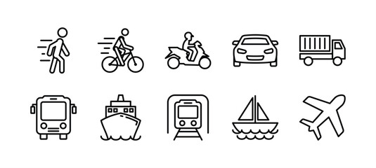 Transportation line icon set. Transport icon collection. Containing walk, bicycle, motorcycle, motorbike, train, car, truck, aeroplane, plane, bus, ship, sailboat, and aircraft for delivery