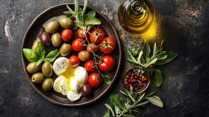 A top view of a serving platter with olives, cherry tomatoes, mozzarella, and a bottle of olive oil