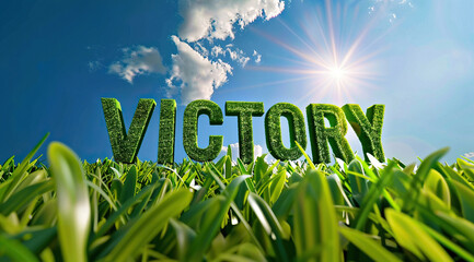 word victory in large letters on the grassy field background with a blue sky