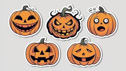 Halloween sticker pack, vector illustration, Halloween pumpkins, skeletons and spiders, festive illustrations.