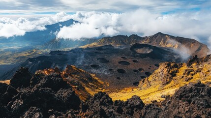 A top view of a volcanic mountain range with a chain of craters and rugged peaks under a cloudy sky