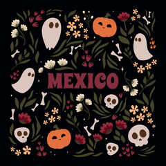 Fototapeta premium Mexico.Postcard in honor of the Day of the Dead.Traditional mexican music festival,fun bright dance characters.National hispanic heritage month banner with tropical flowers.Dark background.