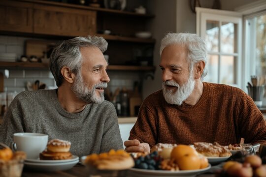 Two older adults, a man and a woman, are enjoying a meal at a rustic table in a cozy home environment, surrounded by various entries and beverages, creating a heartwarming scene.