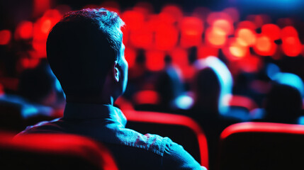man sitting in a cinema, watching a movie, red seats, people blurred in the background with copy space