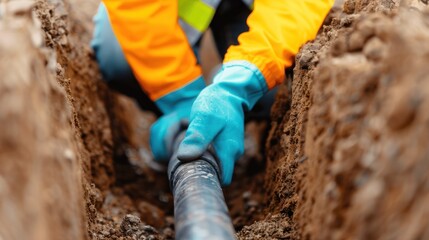 A worker in a reflective vest, inspecting underground electrical cables in a trench