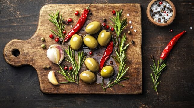 A top view shot of olives marinated with garlic, chili peppers, and rosemary on a wooden cutting board