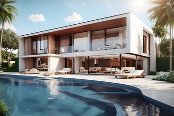 Fototapeta premium Luxury beach house with sea view swimming pool and terrace in modern design. 3d illustration of contemporary holiday villa exterior. 