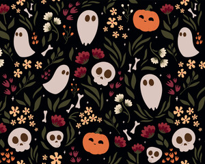 Seamless pattern Latin American style.Dead day party, sugar skull or halloween holiday.Traditional mexican music festival,fun bright dance vector characters.Halloween Dia De Los Muertos Celebration.