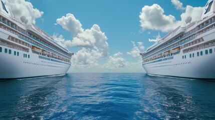 Naklejka premium Two cruise ships rest on serene waters, surrounded by fluffy clouds in a clear blue sky, representing leisure and travel