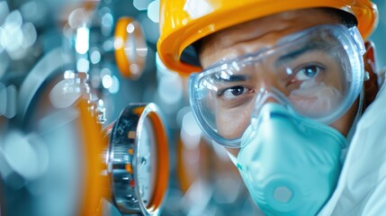 A worker in a respirator mask, monitoring gauges and valves in a control room